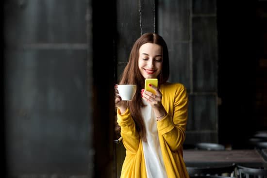 Woman, coffee, smartphone, contact us, yellow